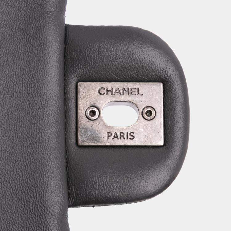 Pre Owned Chanel Grey Quilted Lambskin Stitched Single Flap