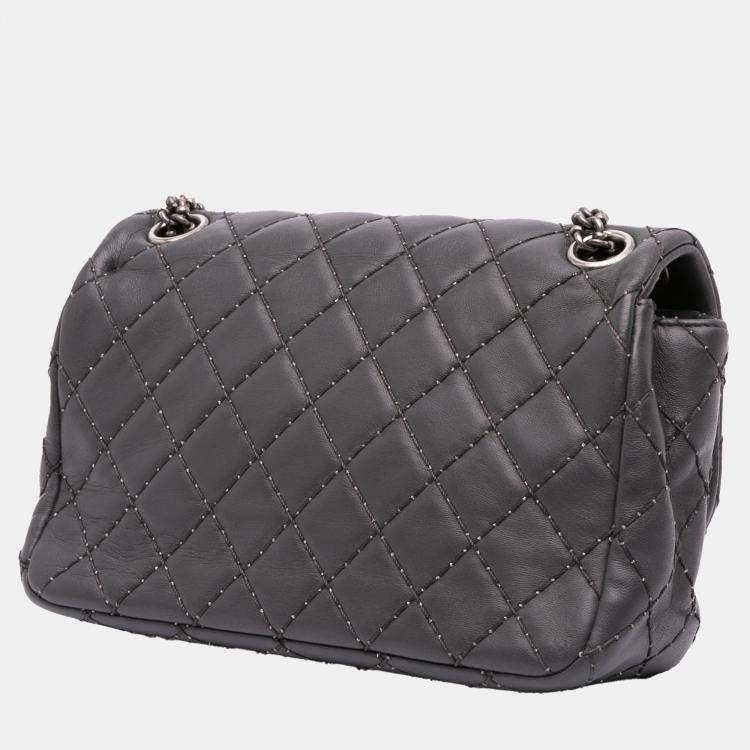 Pre Owned Chanel Grey Quilted Lambskin Stitched Single Flap