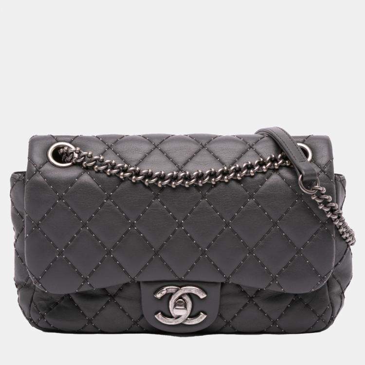 Pre Owned Chanel Grey Quilted Lambskin Stitched Single Flap