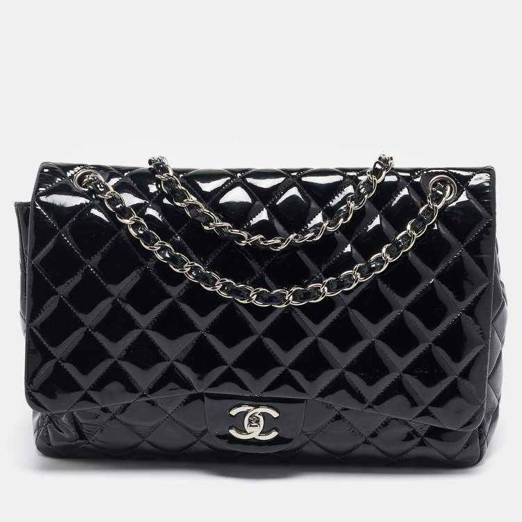 Pre Owned Chanel Black Quilted Patent Leather Maxi Classic Single Flap Bag