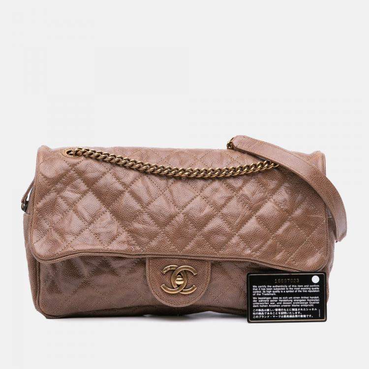 Pre Owned Chanel Brown Large Quilted Glazed Caviar Shiva Flap