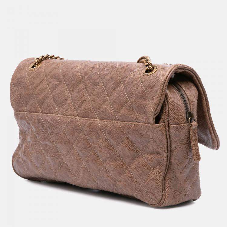 Pre Owned Chanel Brown Large Quilted Glazed Caviar Shiva Flap