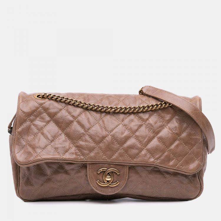 Pre Owned Chanel Brown Large Quilted Glazed Caviar Shiva Flap