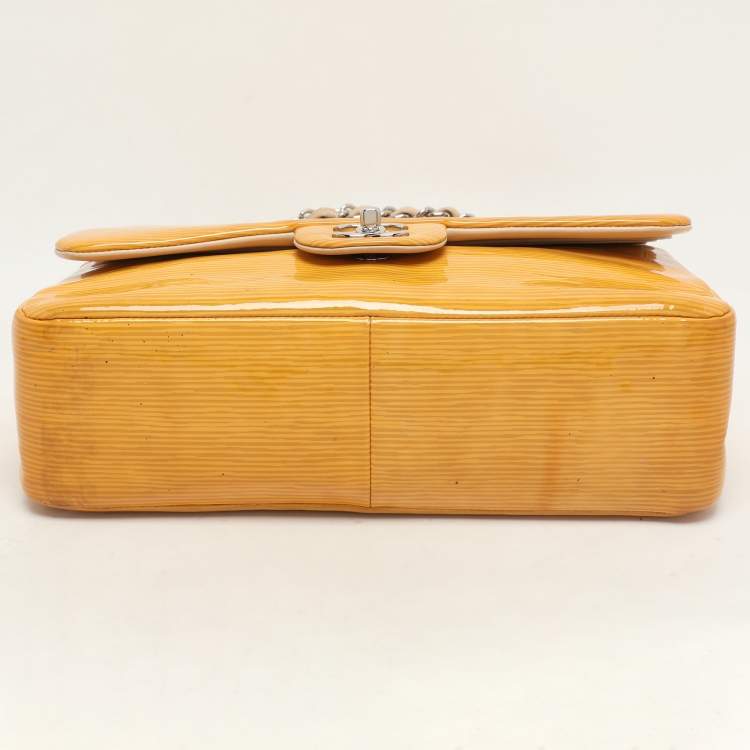 Pre Owned Chanel Yellow Striped Patent Leather Jumbo Classic Double Flap Bag