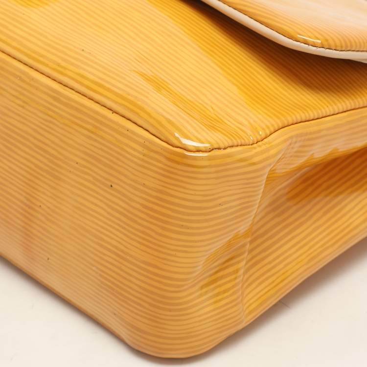 Pre Owned Chanel Yellow Striped Patent Leather Jumbo Classic Double Flap Bag