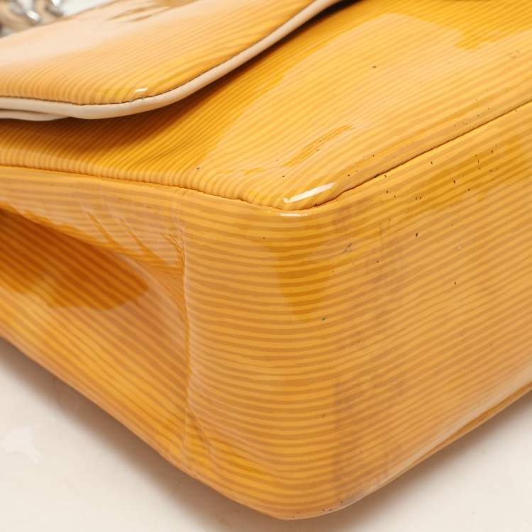 Pre Owned Chanel Yellow Striped Patent Leather Jumbo Classic Double Flap Bag