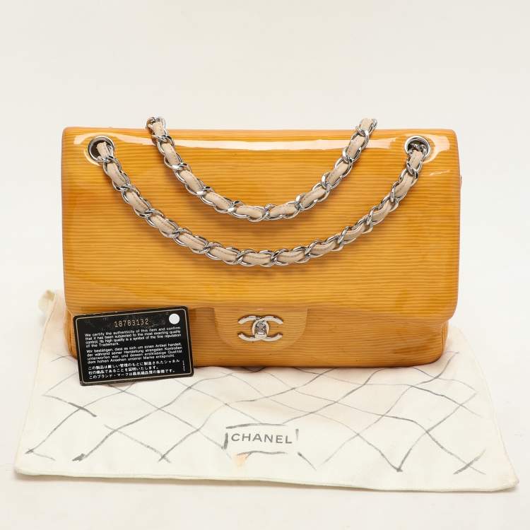 Pre Owned Chanel Yellow Striped Patent Leather Jumbo Classic Double Flap Bag