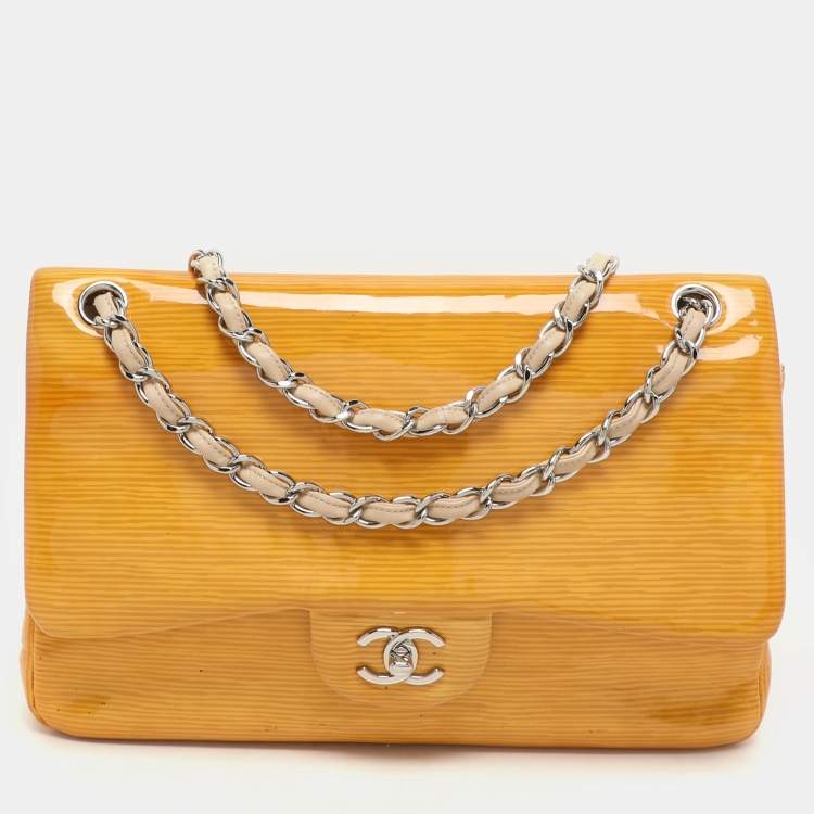 Pre Owned Chanel Yellow Striped Patent Leather Jumbo Classic Double Flap Bag