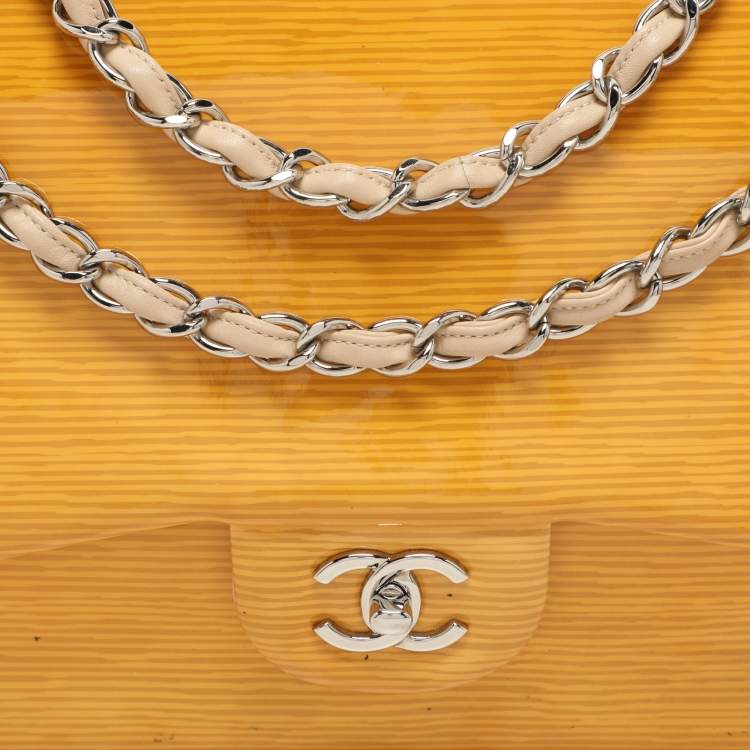 Pre Owned Chanel Yellow Striped Patent Leather Jumbo Classic Double Flap Bag