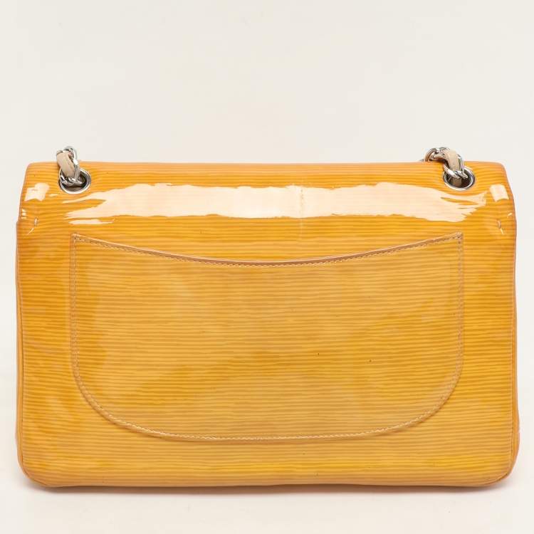 Pre Owned Chanel Yellow Striped Patent Leather Jumbo Classic Double Flap Bag