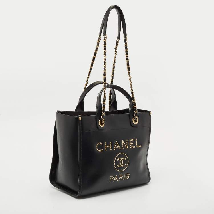 Pre Owned Chanel Black Caviar Leather Small Studded Deauville Tote