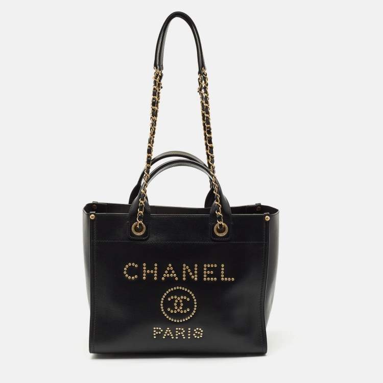 Pre Owned Chanel Black Caviar Leather Small Studded Deauville Tote