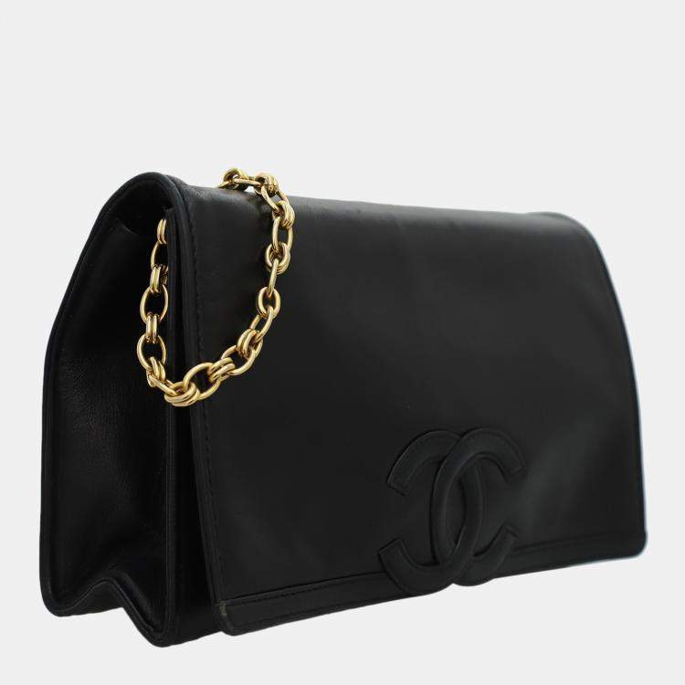Pre Owned Chanel Black Leather Vintage Timeless Flap Clutch with Chain