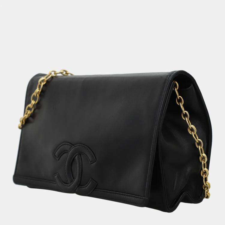 Pre Owned Chanel Black Leather Vintage Timeless Flap Clutch with Chain