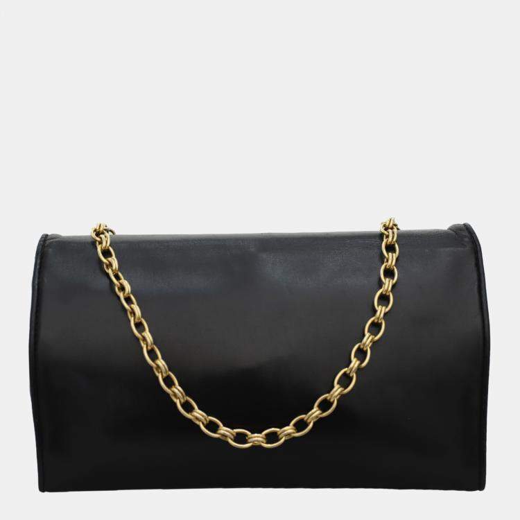 Pre Owned Chanel Black Leather Vintage Timeless Flap Clutch with Chain