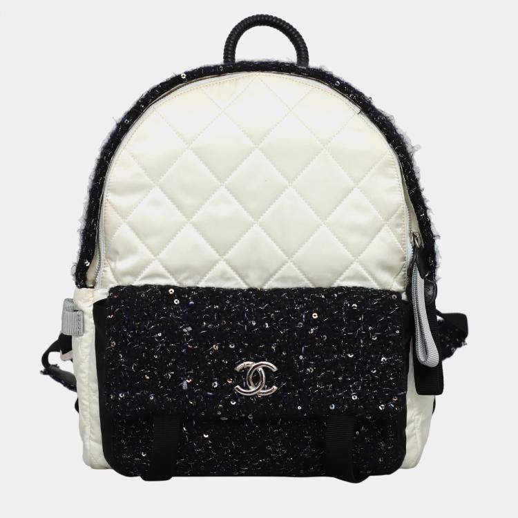 Pre Owned Chanel White & Black Leather, Nylon, Tweed Quilted Nylon & Tweed Backpack