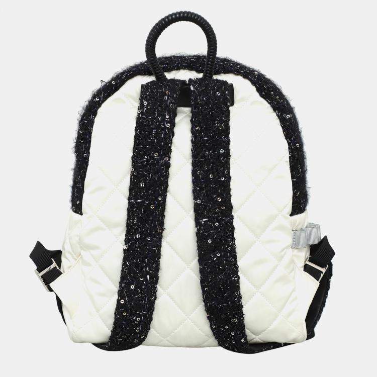 Pre Owned Chanel White & Black Leather, Nylon, Tweed Quilted Nylon & Tweed Backpack