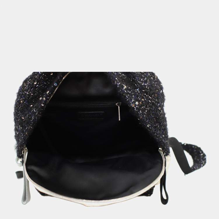 Pre Owned Chanel White & Black Leather, Nylon, Tweed Quilted Nylon & Tweed Backpack