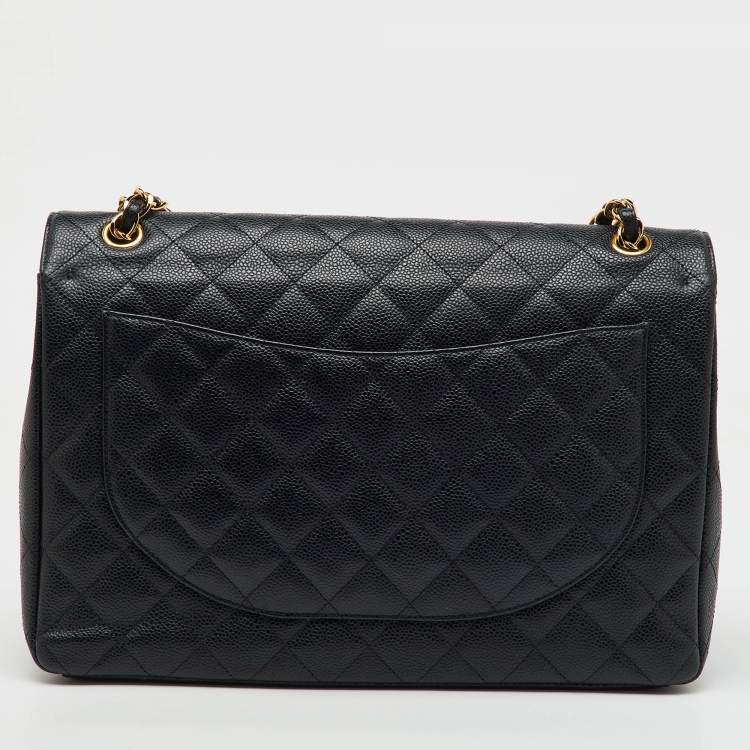 Pre Owned Chanel Black Quilted Caviar Leather Maxi Classic Double Flap Bag