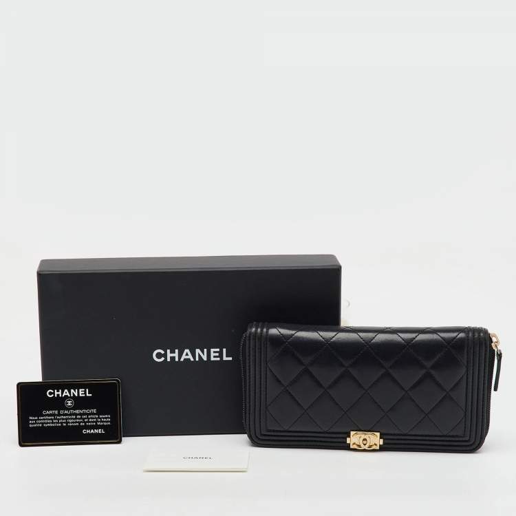 Pre Owned Chanel Black Quilted Leather Boy Zip Around Wallet