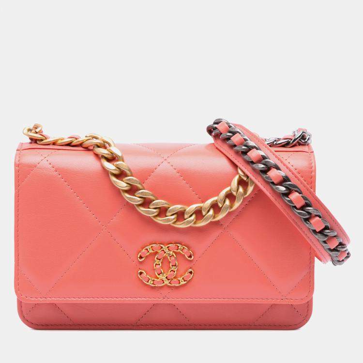Pre Owned Chanel Pink Quilted Lambskin 19 Wallet on Chain