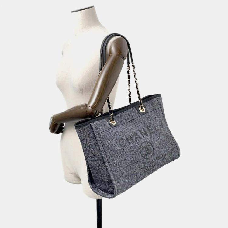 Pre Owned Chanel Deauville Chain tote Bag Gray Raffia Leather Size Mm