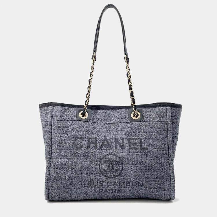 Pre Owned Chanel Deauville Chain tote Bag Gray Raffia Leather Size Mm