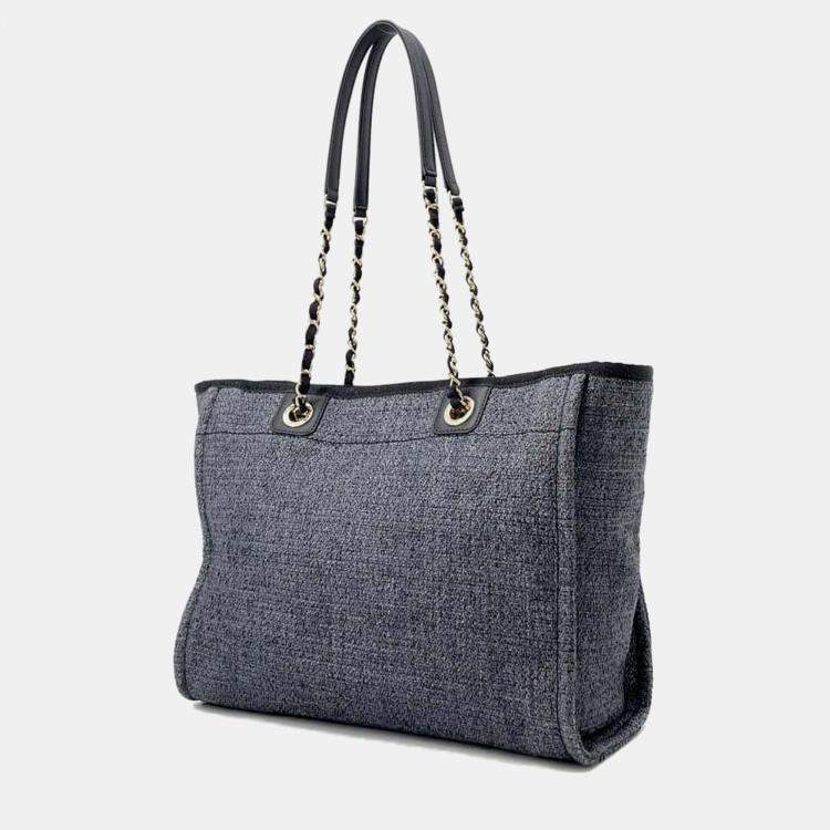 Pre Owned Chanel Deauville Chain tote Bag Gray Raffia Leather Size Mm