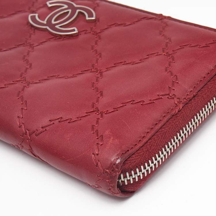 Pre Owned Chanel Red Ultra Stitch Leather CC Zip Continental Wallet