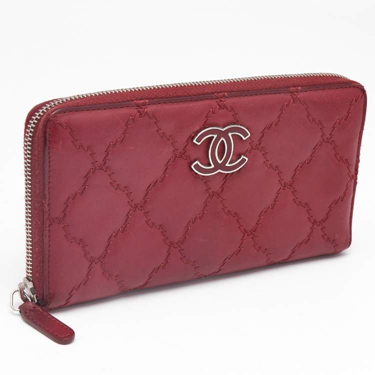 Pre Owned Chanel Red Ultra Stitch Leather CC Zip Continental Wallet