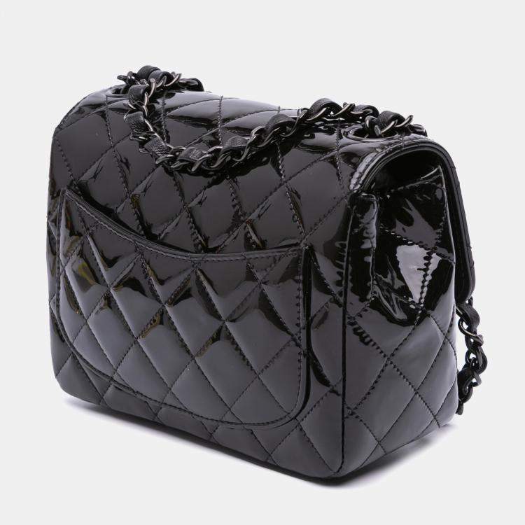 Pre Owned Chanel Black Mini Square Classic Patent So Black Single Flap