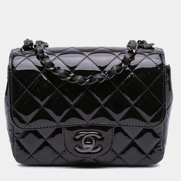 Pre Owned Chanel Black Mini Square Classic Patent So Black Single Flap