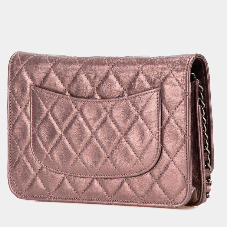 Pre Owned Chanel Pink Reissue 2.55 Quilted Metallic Aged Calfskin Wallet on Chain
