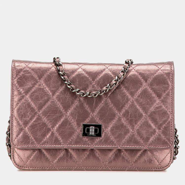 Pre Owned Chanel Pink Reissue 2.55 Quilted Metallic Aged Calfskin Wallet on Chain