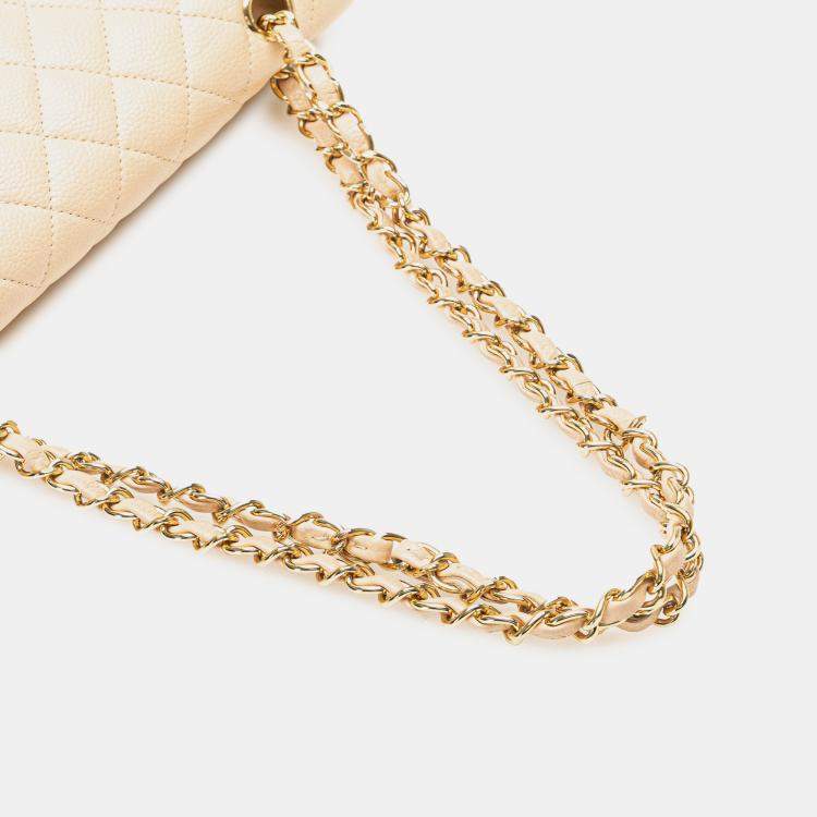 Pre Owned Chanel Beige Medium Classic Caviar Double Flap