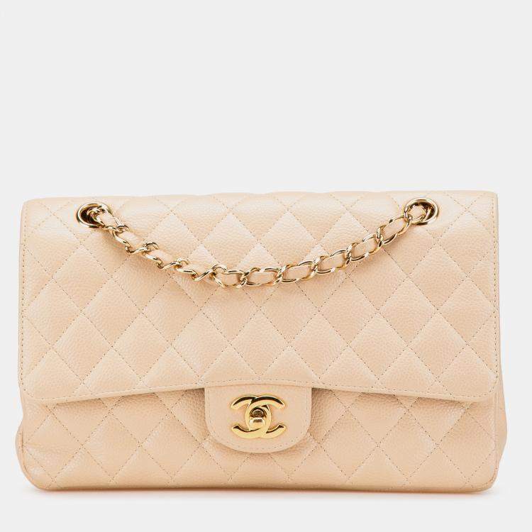Pre Owned Chanel Beige Medium Classic Caviar Double Flap