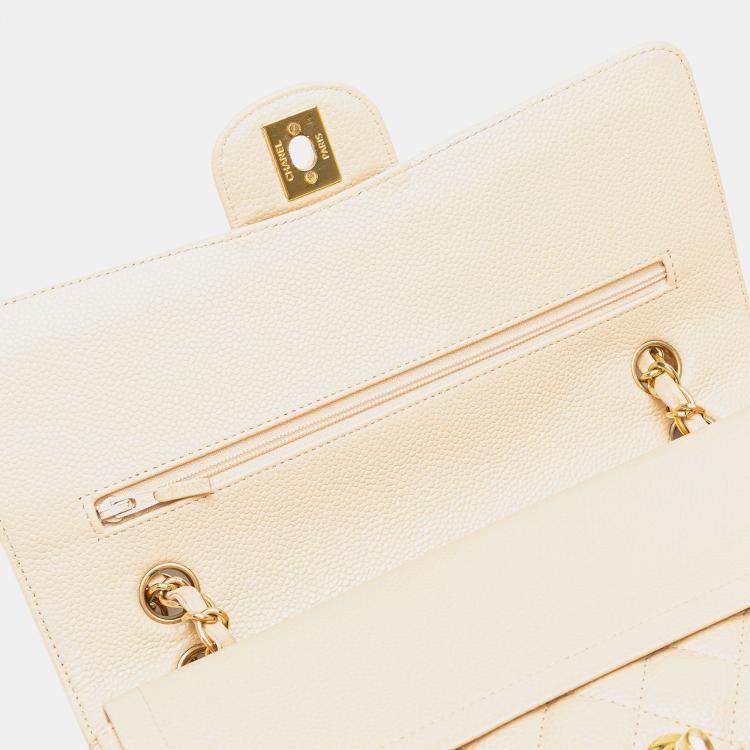 Pre Owned Chanel Beige Medium Classic Caviar Double Flap