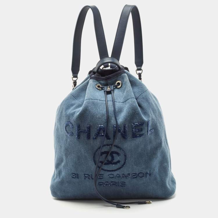 Pre Owned Chanel Blue Denim and Leather Sequin Embellished Deauville Backpack 