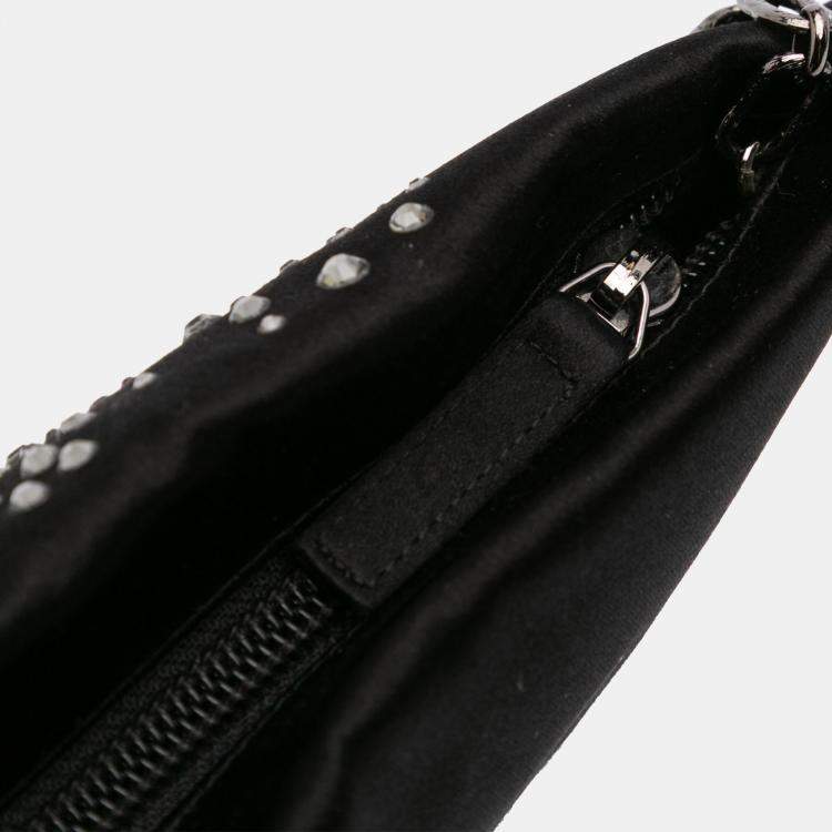 Pre Owned Chanel Black Satin Diamante Camellia Clutch with Chain
