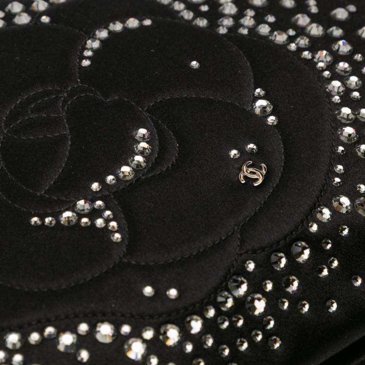 Pre Owned Chanel Black Satin Diamante Camellia Clutch with Chain
