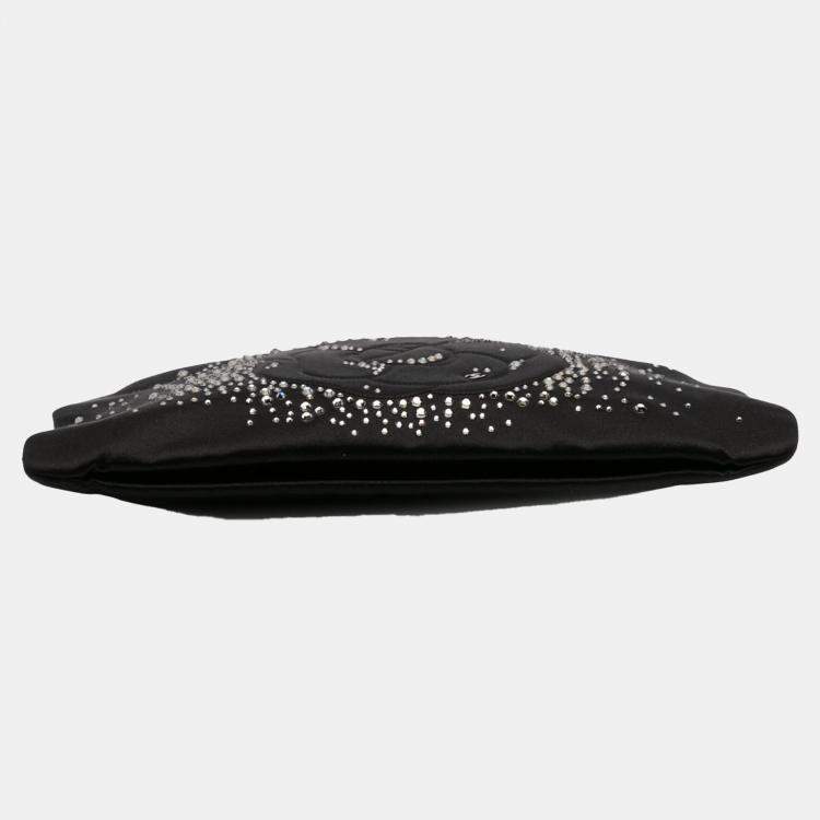 Pre Owned Chanel Black Satin Diamante Camellia Clutch with Chain