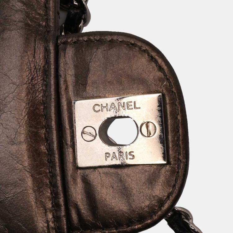 Pre Owned Chanel Brown Medium Metallic Crackled Calfskin Clams Pocket Flap