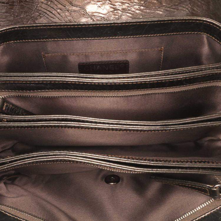 Pre Owned Chanel Brown Medium Metallic Crackled Calfskin Clams Pocket Flap