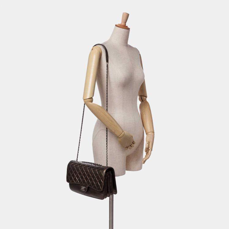 Pre Owned Chanel Brown Medium Metallic Crackled Calfskin Clams Pocket Flap
