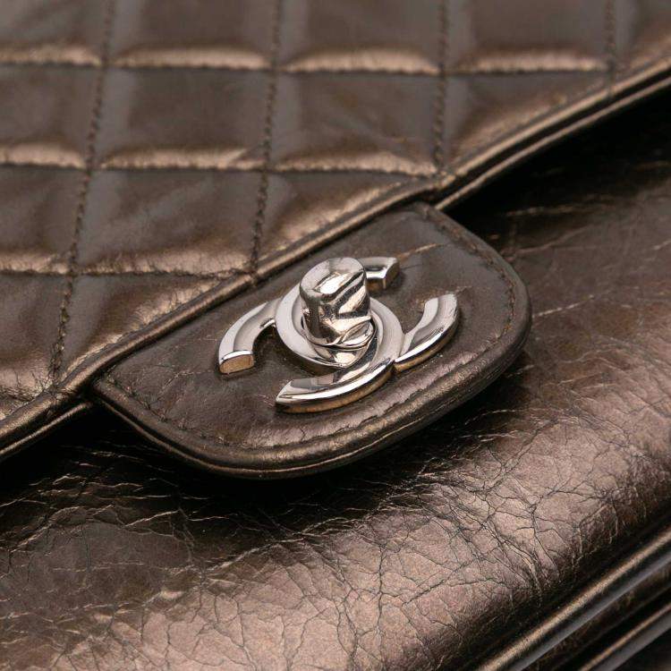 Pre Owned Chanel Brown Medium Metallic Crackled Calfskin Clams Pocket Flap