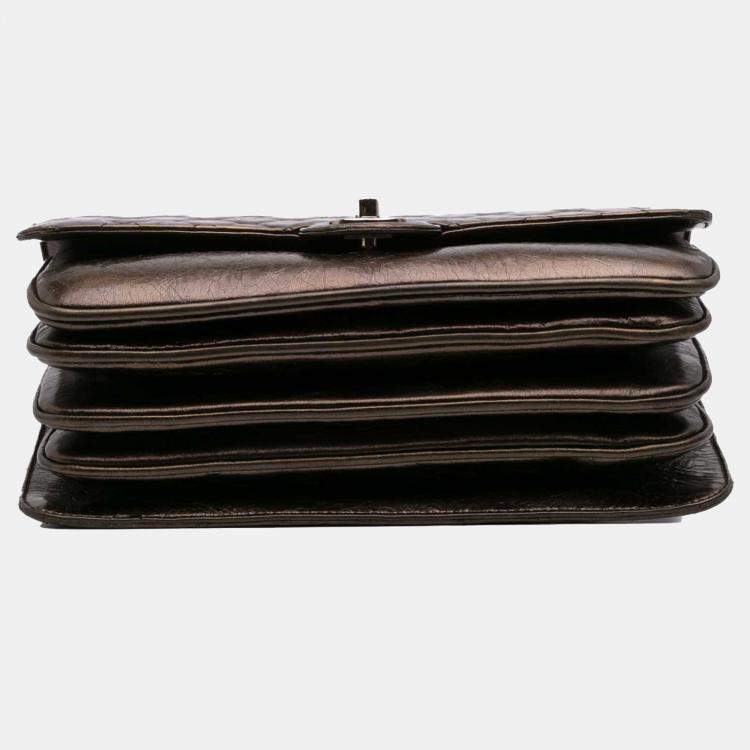 Pre Owned Chanel Brown Medium Metallic Crackled Calfskin Clams Pocket Flap