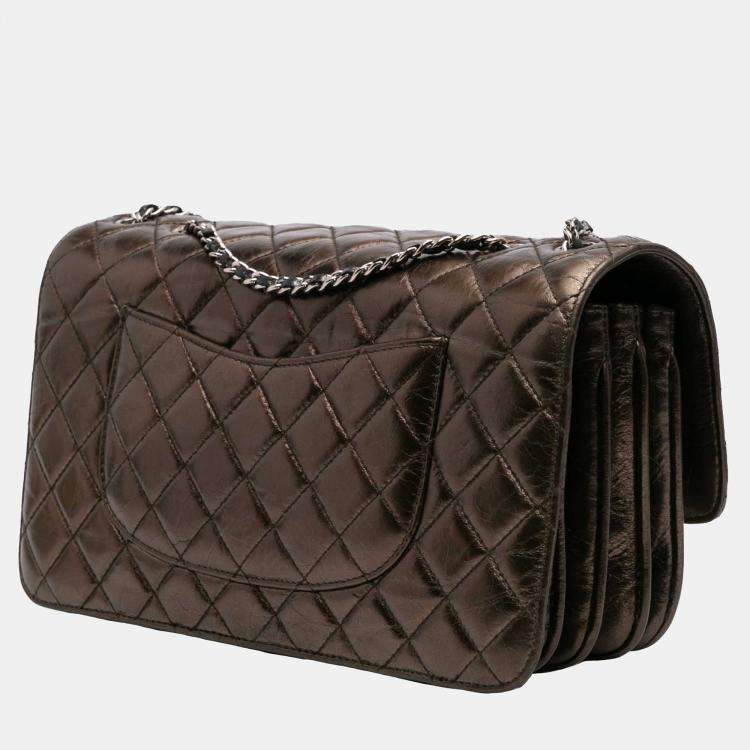 Pre Owned Chanel Brown Medium Metallic Crackled Calfskin Clams Pocket Flap