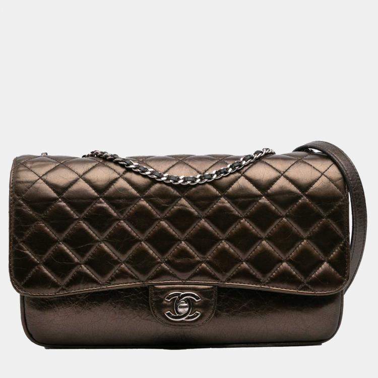 Pre Owned Chanel Brown Medium Metallic Crackled Calfskin Clams Pocket Flap