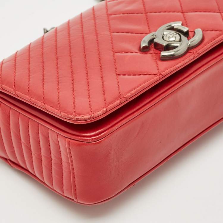 Pre Owned Chanel Red Mixed Quilted Leather Small Coco Boy Flap Bag