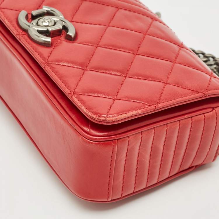Pre Owned Chanel Red Mixed Quilted Leather Small Coco Boy Flap Bag